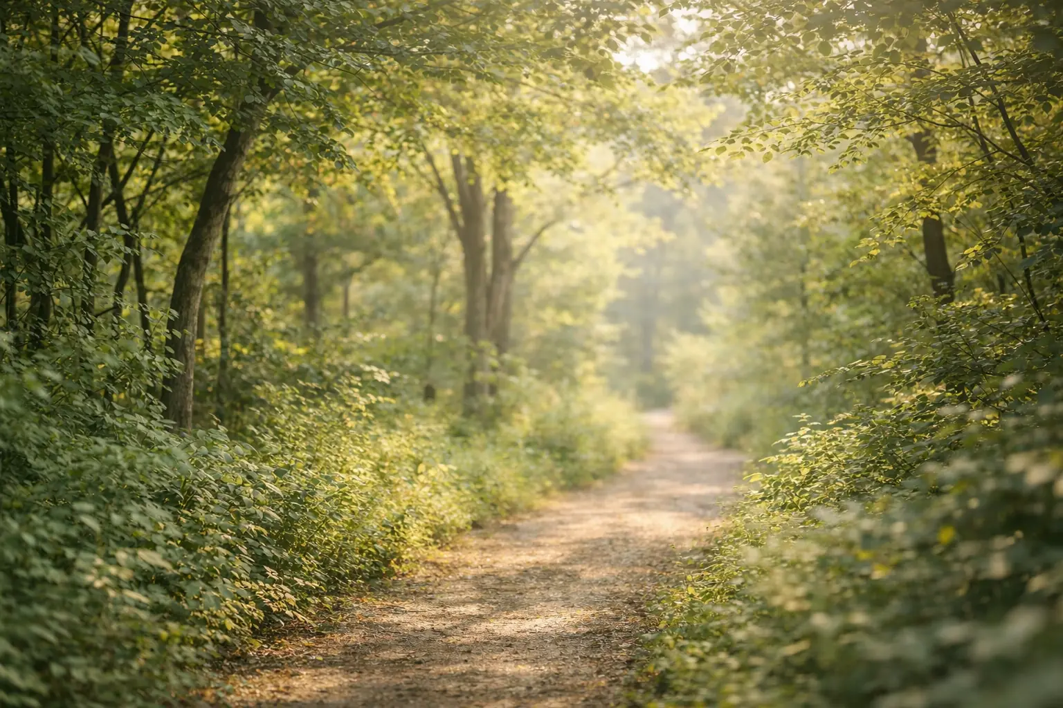 Green forest trail in soft light