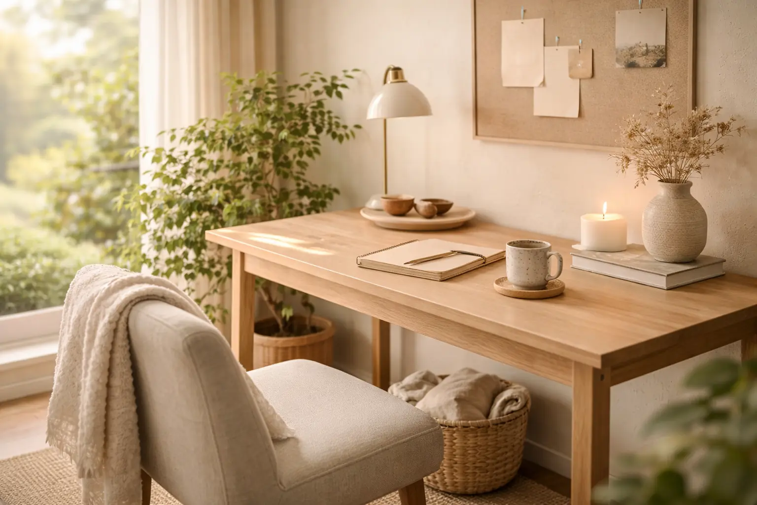 Calm therapy office corner with warm natural light